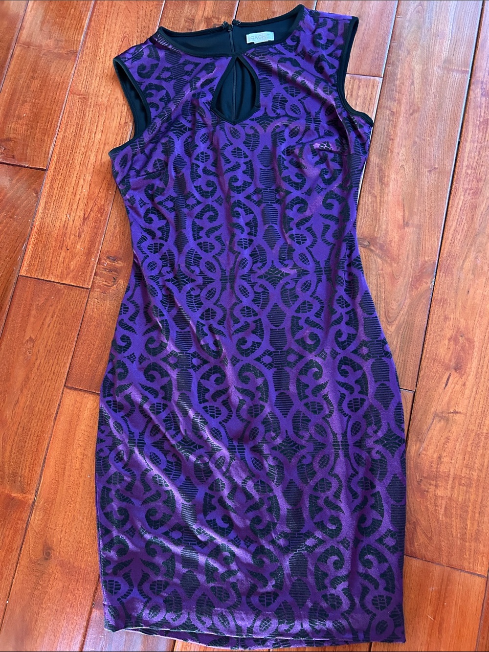 Cache Purple and Black Midi Sheath Dress with Keyhole